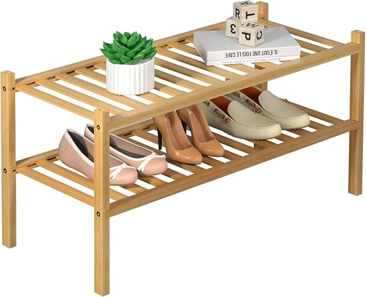 ROMGUAR CRAFT 2 Tier Bamboo Shoe Rack for Closet Free Standing Wood Shoe Shelf for Entryway Small Space Stackable 27"x11"x13" (Natural)