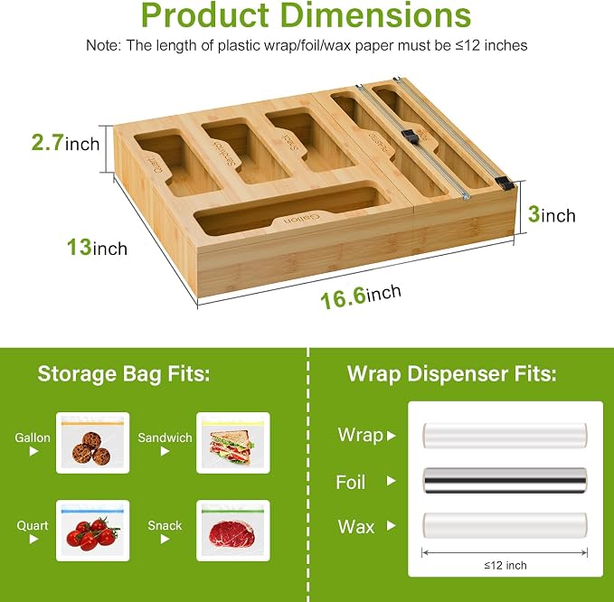 KOCWELL Bamboo Bag Storage Organizer - 2 Wrap Dispenser with Cutter & 4 Slots Food Storage Bags Container - Kitchen Drawer Plastic Bags Storage Organization for Gallon Quart Sandwich Snack Bags