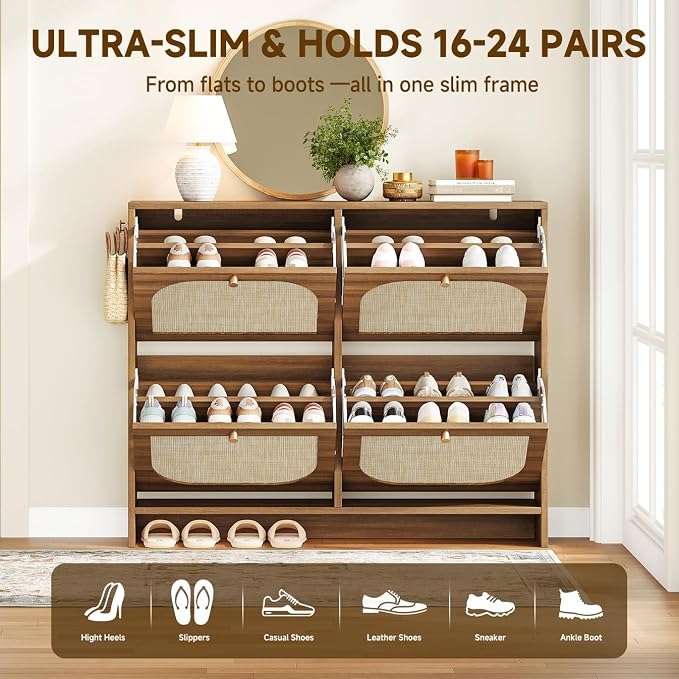 Rattan Shoe Cabinet for Entryway with 4 Flip Drawers, 9.5" Narrow Shoe Rack, Boho Slim Shoe Storage Organizer with Adjustable Shelves, Anti-Tip Safety, 9.5" D x 39.4" W x 35.5" H