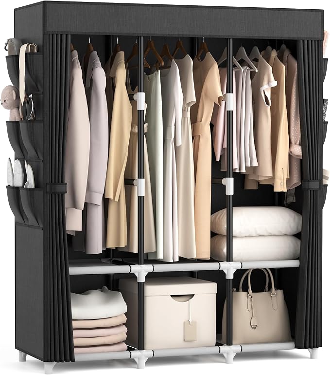 VTRIN Portable Closet for Hanging Clothes 52 Inch Wide Portable Wardrobe Closet with Cover, 6 Storage Shelves and 3 Hanging Rod, Diameter 19mm Metal Pipe, Sturdy Closet for Bedroom, Black