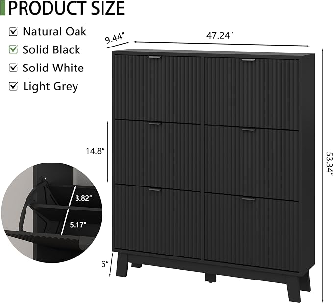 Xixini Shoe Cabinet with 6 Flip Drawers, 54" Tall Narrow Fluted Shoe Storage Organizer for Entryway, Hidden Slim Wooden Shoe Rack Cabinet for Front Door Entrance, Hallway, Living Room, Solid Black
