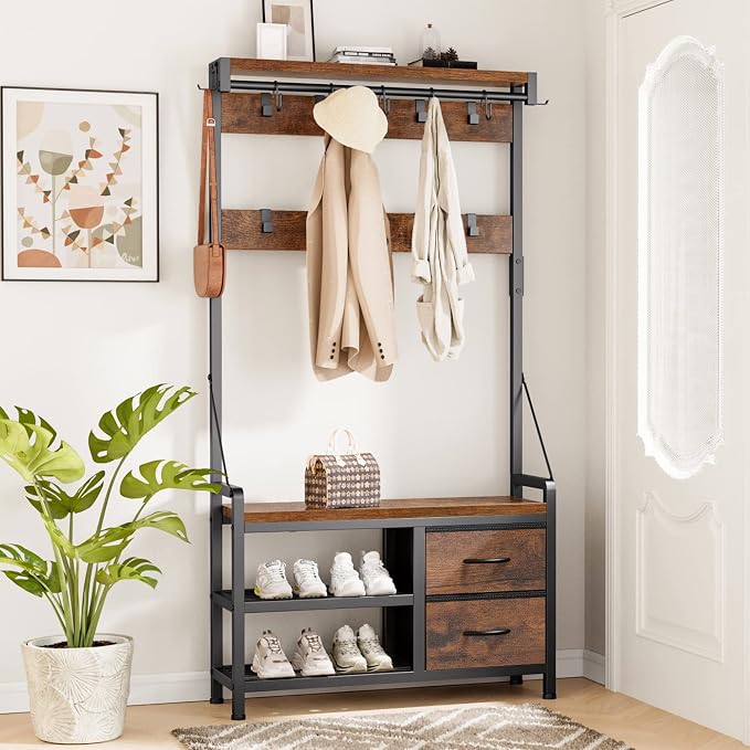 Hall Tree with Bench and Shoe Storage, 31.5” Coat Rack Freestanding | Rustic Brown, 5 in 1 Intelligent Design, 17 Hooks, 2 Drawers, Handy Clothes Rail