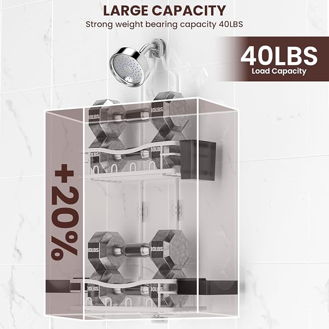 Rustproof Shower Caddy Hanging with Soap Holders for Bathroom, White | Shower Organizer with Multi Hooks Toothbrush Holder, No Drilling, Anti-Swing, Storage for Shampoo Conditioner Body Wash