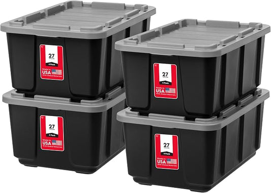 IRIS USA 4-Pack 27 Gal Heavy Duty Storage Tote Bins with Lids, Gray | Large-capacity design handles moving, garage storage and bulky equipment, Stackable shape maximizes available space