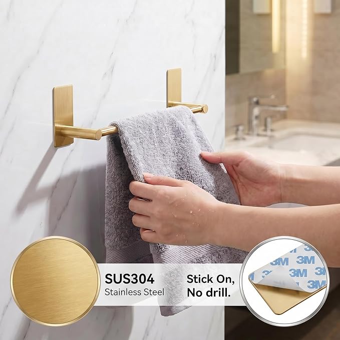 Songtec Gold Towel Bar 9-Inch, Adhesive Bath Towel Rack No Drill, Strong Adhesion Tape Mount Towel Holder, Stainless Steel - Brushed Gold