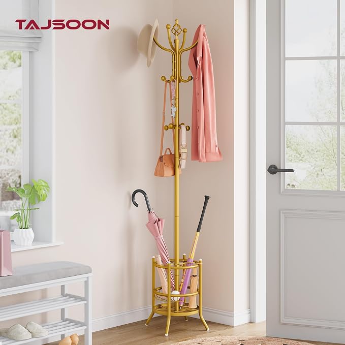 Tajsoon Coat Rack with Umbrella Holder, Coat Tree With 16 Hooks, Gold | 2-In-1 Design, Coat Rack Freestanding, Durable & Stable, Space-Saving, For Living Room, Bedroom, Office