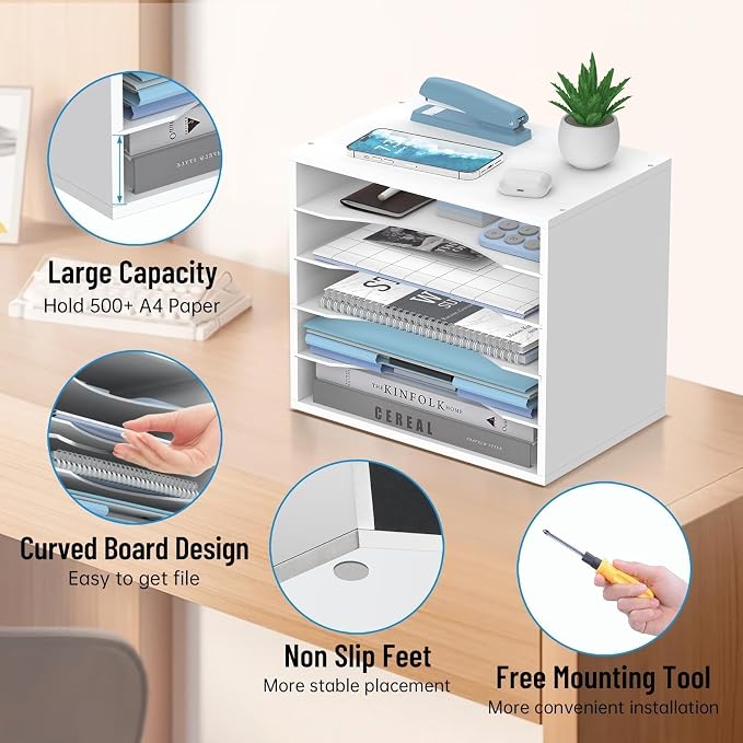 5-Tier Paper Organizer for Desk, Adjustable Mail Organizer, White | 5-Tier Paper Organizer and Mail Organizer for Desk with Adjustable Shelves for Letter Size Files Folders and Office Supplies