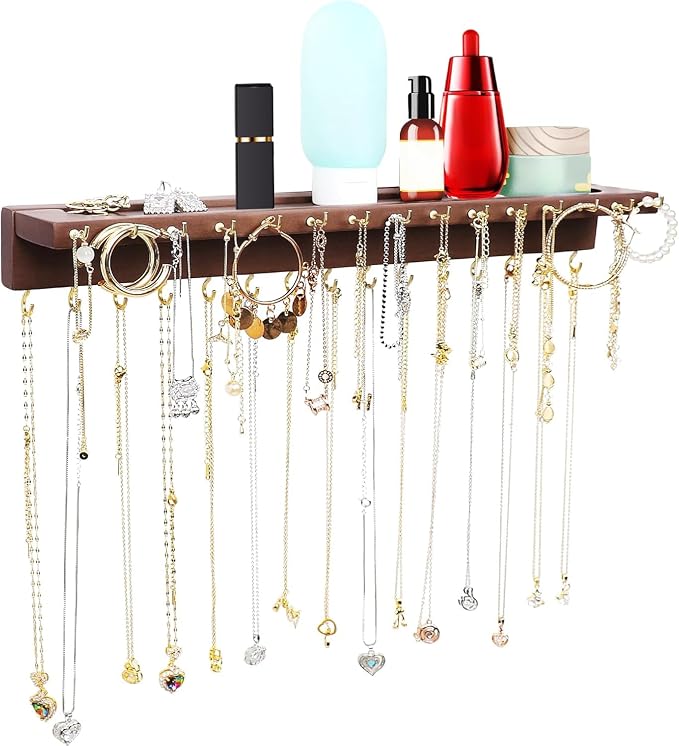 YYILIS Necklace Holder, Upgraded Extra Large Wall Necklace Organizer with 30 Hooks Wall Mounted Necklace Hanger with Jewelry Tray/Cosmetics Shelf Rustic Pine Wood Holder (Walnut) | 30 Hooks Wall Mounted Necklace Hanger with Jewelry Tray/Cosmetics Shelf...