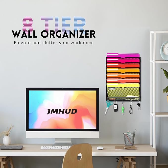 8-Tier Wall File Organizer with Base and Hooks, Hanging Organizer, Black | Wall Organizer and Wall File Holder with 8 Vertical Pockets and Bottom Tray for Files, Mail, Folders, Magazines and Paper