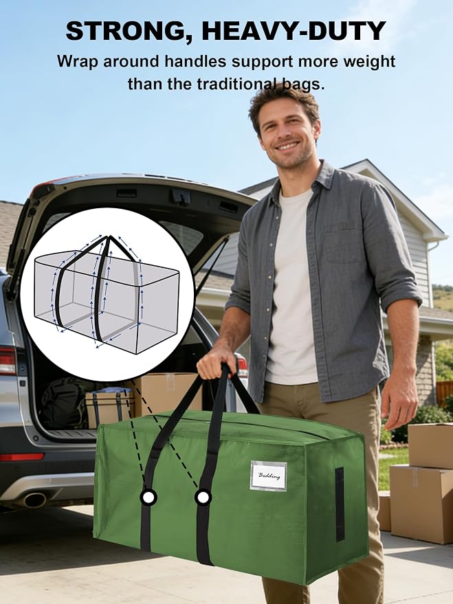 HOMESURE Supports 200lbs Heavy Duty Moving Bags - Strong Zipper & Wrap-Around Handles - Water-Resistant Storage Totes, Durable Alternative to Moving Boxes - 4 Pack - Olive Green