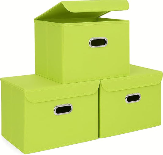 STOREONE Fabric Storage Cube Bins Foldable Organizer Container Collapsible Basket with Lids and Metal Handles, for Home, Bedroom, Closet 3 Pcs (multicolour-green)