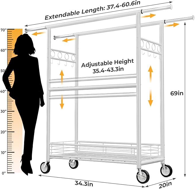 Heavy Duty Clothes Rack Load 960LBS, Three Rods Rolling Clothing Racks for Hanging Clothes, Rolling Garment Rack With Sturdy Wheels Shelves Hooks, Portable & Adjustable Commercial Garment Rack, White