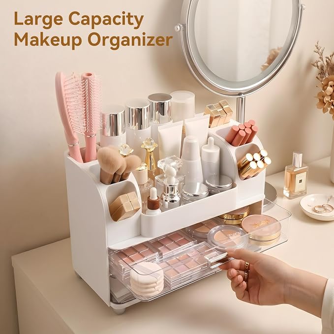 Makeup Organizer for Vanity with 2 Large Drawers and 6 Brush Holders, White | Large-Capacity Makeup Holder Keeps Skincare and Cosmetics Organized and Easy to Reach on Vanity or Bathroom Counters