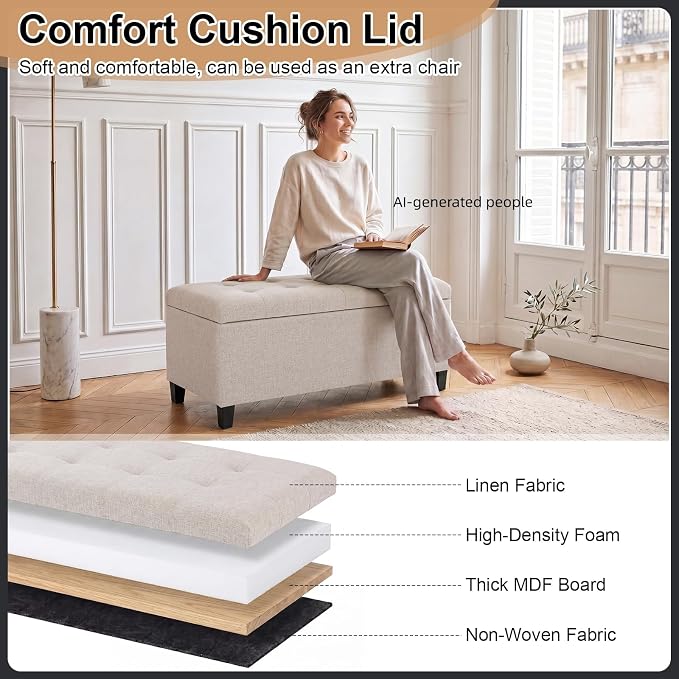 Storage Ottoman Bench, 33" Upholstered Tufted Linen Fabric Footrest Stool with Lift Top, Rectangular Storage Chest for End of Bed, Entryway, Living Room, Beige