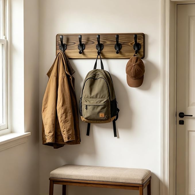 17" Coat Rack Wall Mount with 5 Metal Hooks, Rustic Wall Mounted Coat Rack | Pine Solid Wood Coat Hook Hanger - Wall Coat for Hanging Clothes Key Robes Towels Coats