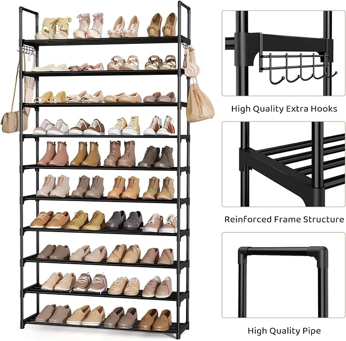 Shoe Rack for Entryway 10-Tiers Large Capacity Metal Shoe Rack Organizer with Two Hooks Holds 40-50 Pairs Shoes and Boots Free Standing Tall Shoe Shelf for Closet/Bedroom/Garage/Hallway Black