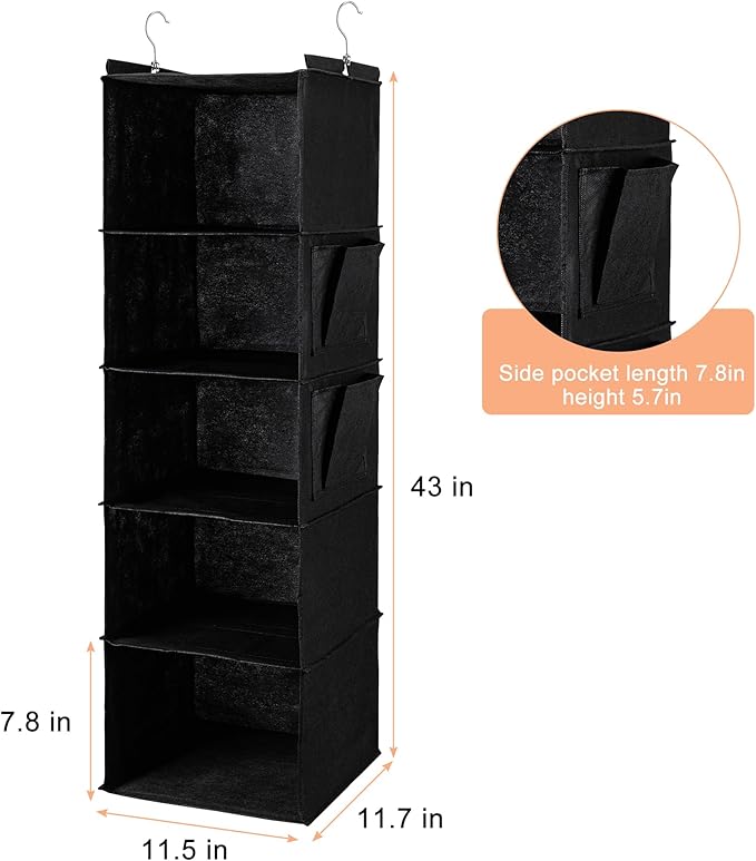 BOOMIBOO Hanging Closet Organize and Shelves，5-Hanging Shelf with 2 Side Pockets，Storage Foldable （Black）