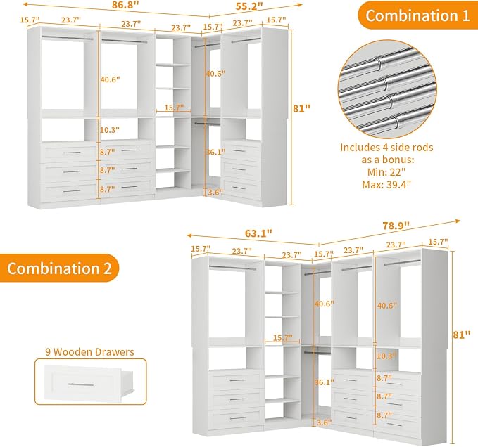Closet System with 9 Drawers, Corner Closet Organizer Systems with 9 Shelves & 9 Hanging Rods L-Shaped Walk in Closet Freestanding Corner Tower Modular Storage System 4 Sets 2800+ Lbs Capacity White