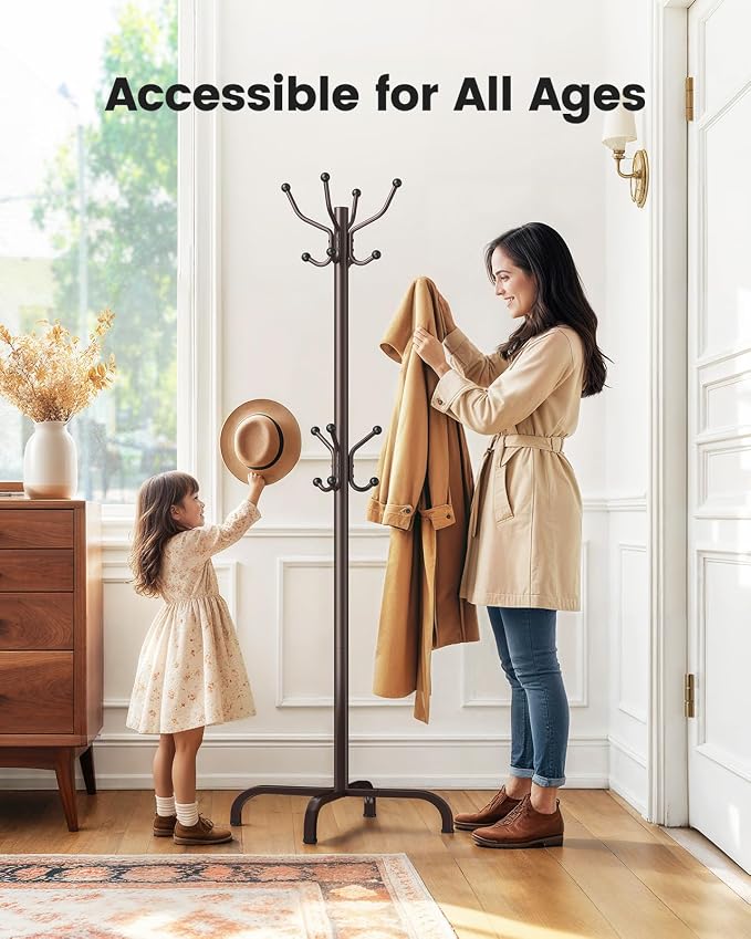 Pipishell Coat Rack with 14 Hooks, Freestanding Coat Rack Stand for Entryway, Hallway, Bedroom, and Office, Metal Coat Tree & Hat Rack for Coats, Hats, and Bags, Brown | Durable metal frame, stable four-point base, 2 hook heights for adults and kids, s...