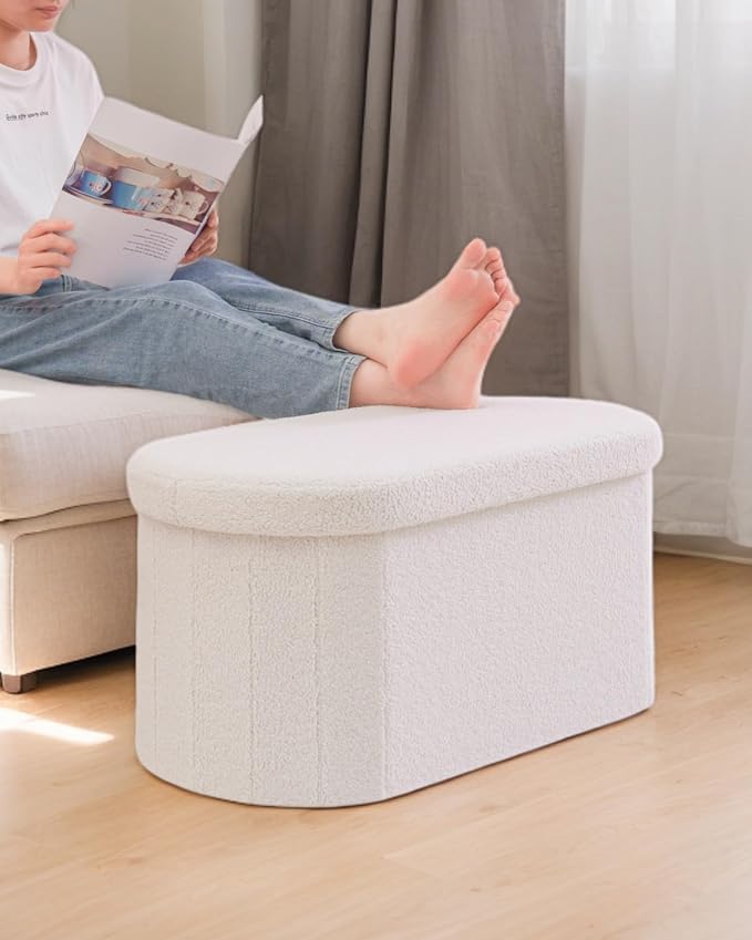 30 Inches Oval Storage Ottoman Bench, Foldable Footrest | Teddy Boucle Fabric, Hidden Storage, Soft Padded Seat, Compact Ottoman for Living Room, Bedroom, Dorm, White