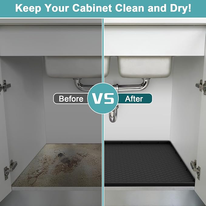 Undersink Waterproof Mat 31" x 19", Silicone Under Kitchen Sink Mat with Raised Edges, Under The Sink Organizer for Kitchen and Bathroom Leak Protection Black