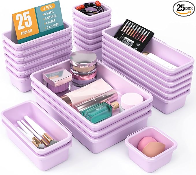 25 PCS Drawer Organizer Set, 4 Size Makeup Drawer Divider Organizer With Non-Slip Pads, Interlocking Plastic Storage Bins for Office,Jewelry Vanity,Gadgets, Bathroom,Kitchen, Purple