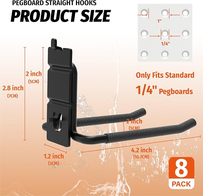 HUHOLE 8 Pack 4 Inch Double Arm Pegboard Hooks for 1/4 Inch Pegboard | Vinyl Coated Tool Holders, 30 lb Steel Hangers for Garage, Workshop, Shed and Workbench Storage