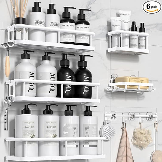YASONIC Shower Caddy Adhesive, Rustproof Shower Organizer with Soap Holder, Large Capacity Shower Shelves for Inside Shower, No Drilling Bathroom Organizers and Storage for Home Decor（6 Pack White）