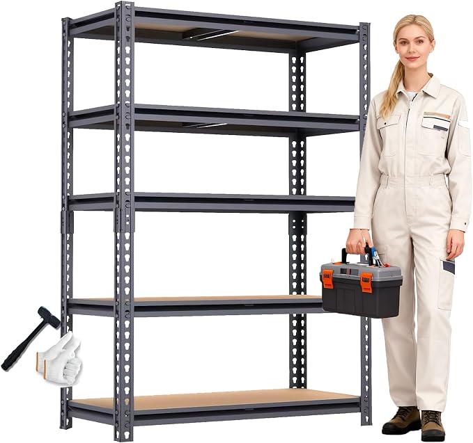Garage Shelving, 2400 LBS Metal Storage Shelves, 12" x 28'' x 60'' Heavy Duty Shelf, Adjustable Shelving Rack, Standing Shelf Units, Shelves for Garage Storage