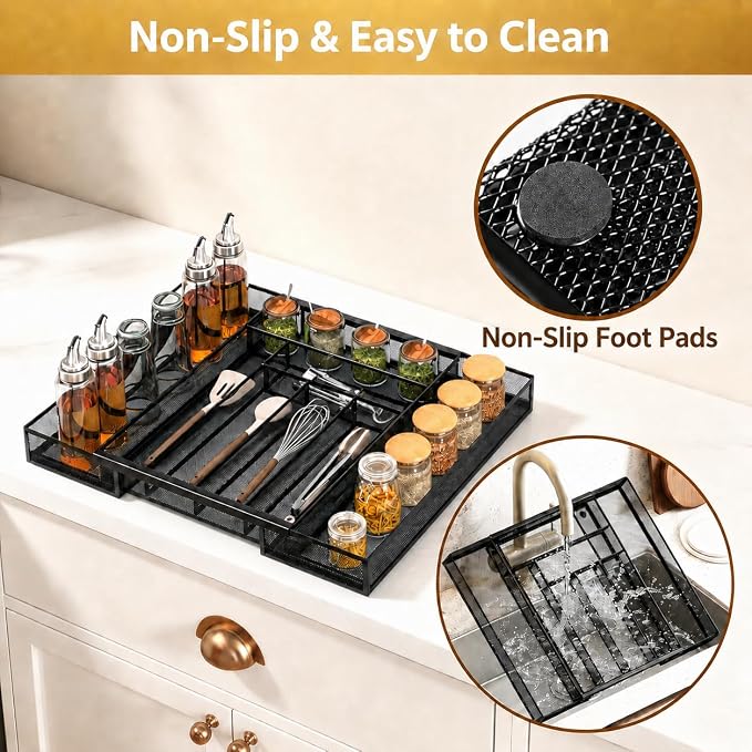 Sedegn Silverware Organizer Metal Mesh, Large Drawer Organizer | Utensil Cutlery Tray for kitchen drawers, Expandable Flatware Organizer with 8 Compartment Black 11.6"~20" x 17.3"