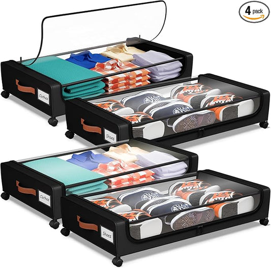 Under Bed Storage with Wheels, UnderBed Storage Containers with Clear Lid and Handles, XXL 60L Under the Bed Storage Bins Drawers for Clothes,Blankets,Shoes,Books (BLACK, 4 PACK)