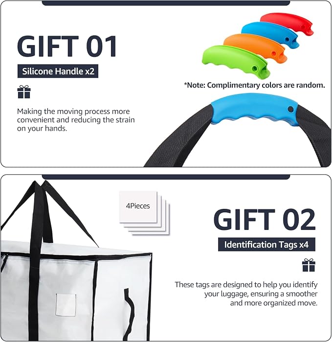 Moving Bags Heavy Duty Extra Large, Moving Boxes, Moving Supplies Essentials, Blue Storage Bins with Lids, Plastic Packing Totes, Storage Bags for Clothes with Handles & Zippers(White, 4 Pack)