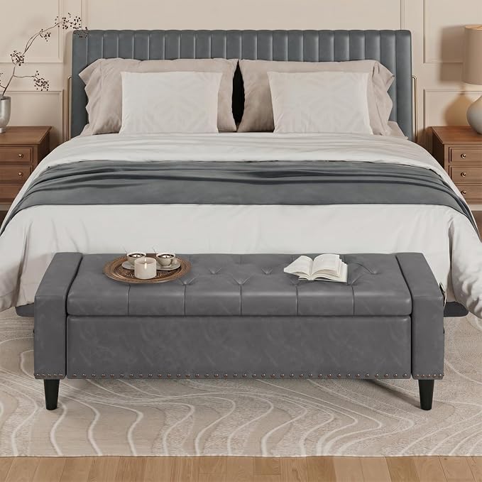 60" Storage Ottoman Bench, Faux Leather Upholstered Bed Bench with Tufted Buttons and Nailhead Trim, Large Ottoman with Storage for King Size End of Bed, Bedroom, Entryway, Hallway (Grey)