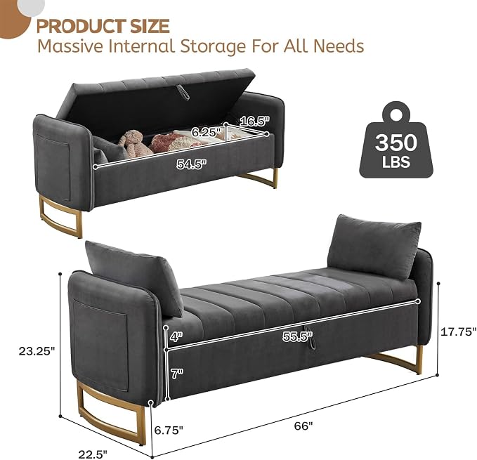 66" King Size End of Bed Storage Bench, Storage Benches for Bedroom Foot of Bed, Upholstered Storage Ottoman Bench with Golden Legs and Pillow for Living Room Window Entryway, Velvet Dark Grey