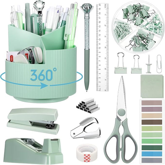 Sage Green Desk Accessories Office Supplies Set, 12 Pcs | 360° Rotating Pen Holder, Stapler, Tape Dispenser, Scissor, Sticky Notes, Binder Clips, Desk Organizers Gift for School