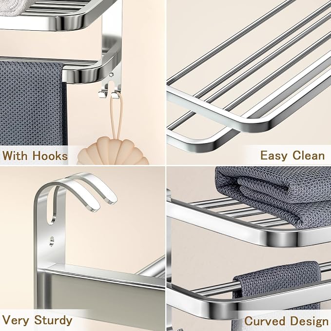 15 Inch Bathroom Towel Rack Towel Shelf with Double Towel Bars Lavatory Wall Mount Holder with Hooks Stainless Steel Hotel Bath Rack