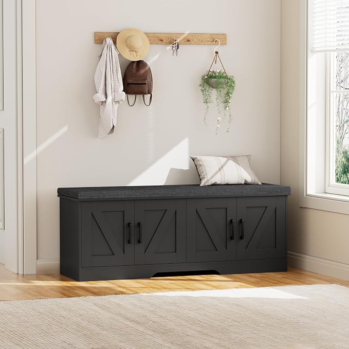HOMSHO Farmhouse Shoe Storage Bench with 4 Barn Doors & Padded Seat Cushion | 47.2" Wide Entryway Bench with Adjustable Shelves & Hidden Storage, Black