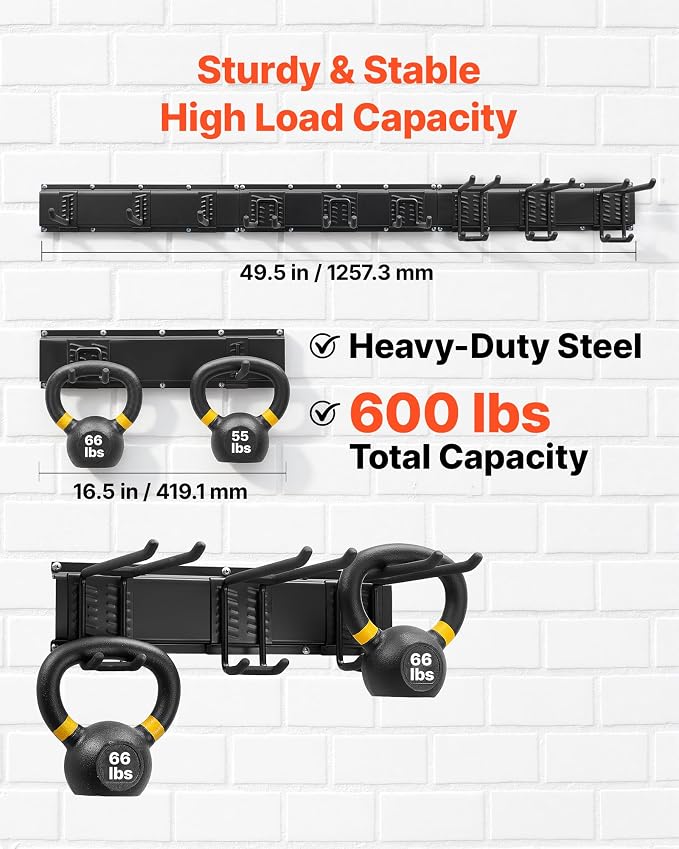 VEVOR Garage Tool Organizer 49.5 Inch 600 lbs Wall Mount Garden Tool Rack, Heavy Duty Garage Hanging Storage Rack Organization with 3 Rails and 9 Adjustable Hooks, for Yard Tools, Shovel, Rake, Shed