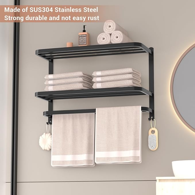 23 Inch 3-Tier Black Towel Racks for Bathroom with Towel Bars Multilayer Hotel Towel Shelf Stainless Steel Wall-Mounted Matte Finished Holder with Towel Shelves
