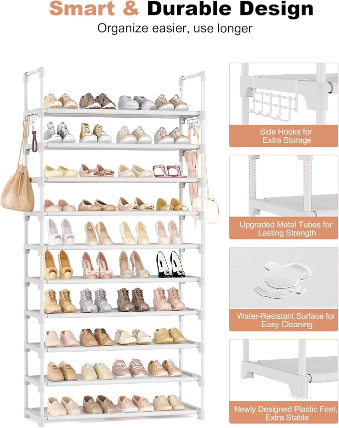 LANTEFUL Upgraded Shoe Rack for Closet Large Capacity 10 Tier Shoe Storage Holds 40–50 Pairs Sturdy Shoe Organizer with 10 Hooks for Entryway, Bedroom, Garage, White