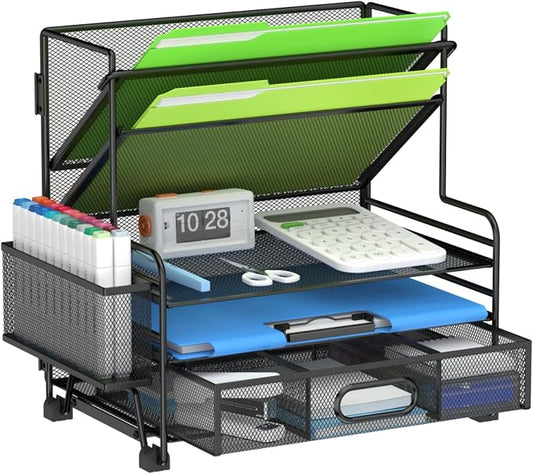 MINDEPOT 4-Tier Paper Organizer + 3-Pocket File Holder, Desktop File Organizers Paper Tray for Office School Classroom Workspace Organization (Black 2+3 Desk Organizer)