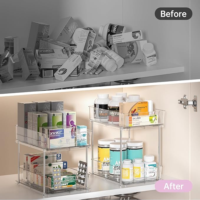 Delamu 2 Tier Under Sink Organizer Bathroom, Bathroom Cabinet Organizer with Snap-Lock Design and Hooks, Pull Out Storage with Movable Dividers, for Countertop, Kitchen and Pantry (Clear, 4 Pack)
