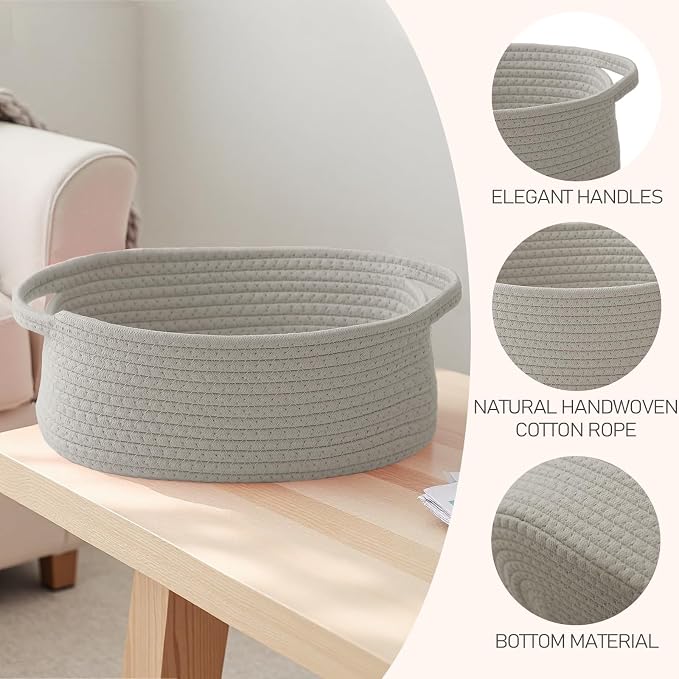 JMvicyroam Small Woven Basket, Empty Gift Basket, Grey/3 Pack | Small Gift Basket, Cotton Rope, 12 x 8 x 38 in, Handles, Includes Ribbon and Bag, Birthday Gift Basket