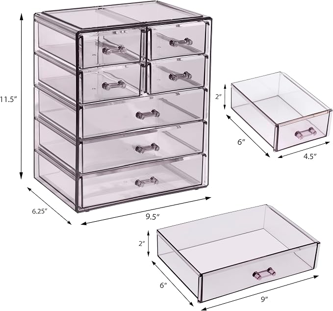 Sorbus Acrylic Makeup Organizer Set, 7-Drawer Vanity & Countertop Cosmetic Storage with Small & Wide Drawers, Purple Makeup Storage for Brushes, Lipsticks, Jewelry – Holiday Gift for Women & Teens