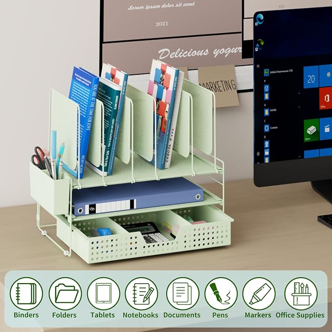 LEKETREE Green Desk Organizer, Office Organization with Vertical File Holder, File Organizer with Drawer and Pen Holder, Desk Accessories and Workspace Organizers for Home Office (Green)