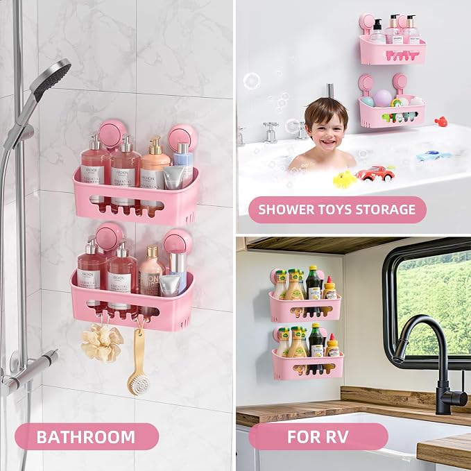 LEVERLOC Shower Caddy Suction Cup,Shower Organizer Bathroom Shelf, Pink