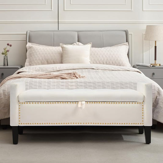 Velvet Storage Ottoman Bench, 46'' Upholstered Button Tufted End of Bed Bench, Modern Entryway Ottoman Bench with Arms, Beige