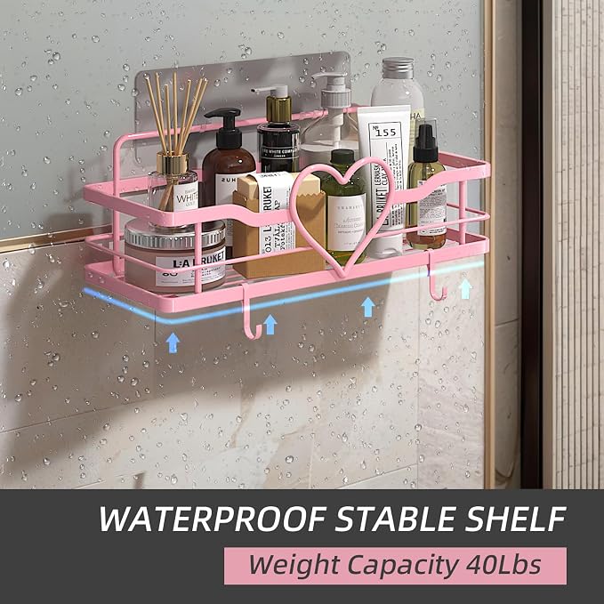 Pink Shower Caddy with 4 Removable Hooks, 2 Pack Sweet Heart Shower Shelves,No Drilling Adhesive Organizer Shelf for Bathroom Shower,Kitchen,Bedroom | Shower Shelf with 4 Removable Hooks,Holds 40 lbs,Rustproof Metal,For bathroom,kitchen,dorm,Cute Showe...