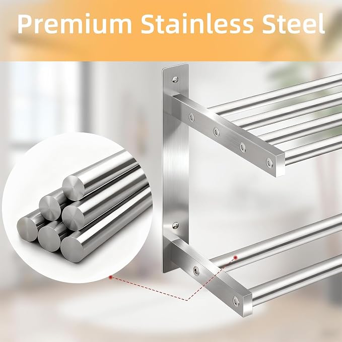 Taaji Towel Racks for Bathroom 24 inch, 2 Tier with Towel Bars, Brushed | Stainless Steel Towel Rack with Shelf, Bathroom Shelf for Towels Storage, Wall Mounted