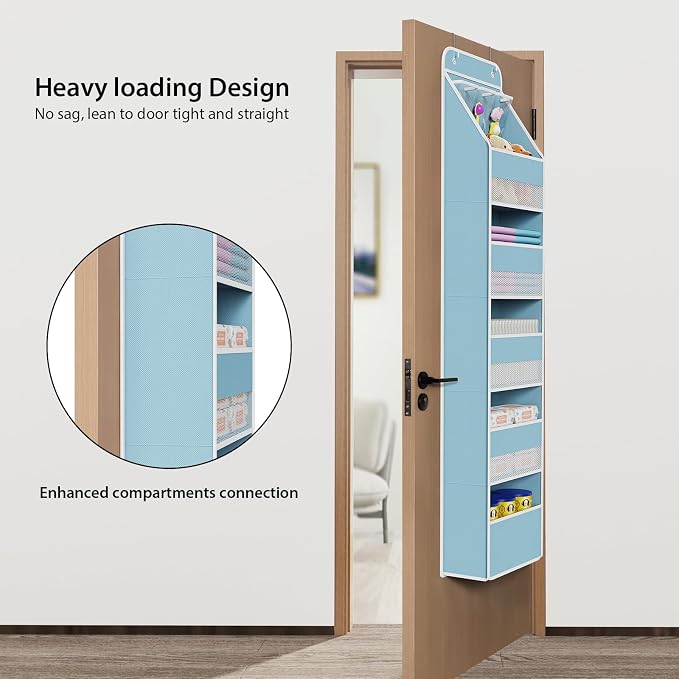 Univivi Fabric Over Door Hanging Organizer for Baby Nursery, Blue, 6-Shelf | Door Storage with Large Capacity Breathable Mesh Pockets, Over the Door Baby Organizer for Baby Essential, Bedroom, and Dorm